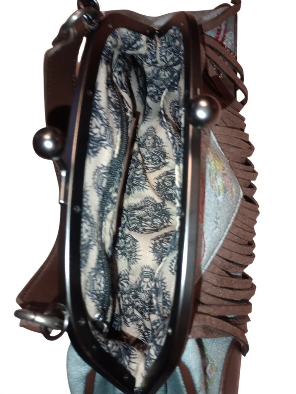 Ed Hardy Brown & Denim Fringe Shoulder Bag with Embroidery, NWT